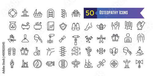 Osteopathy icons set. Outline set of osteopathy vector icons for ui design. Outline icon collection. Editable stroke.
