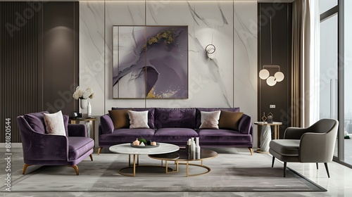 Elegant living room interior with modern furniture and wall art, featuring a sofa in purple tones and an armchair on the right side of it