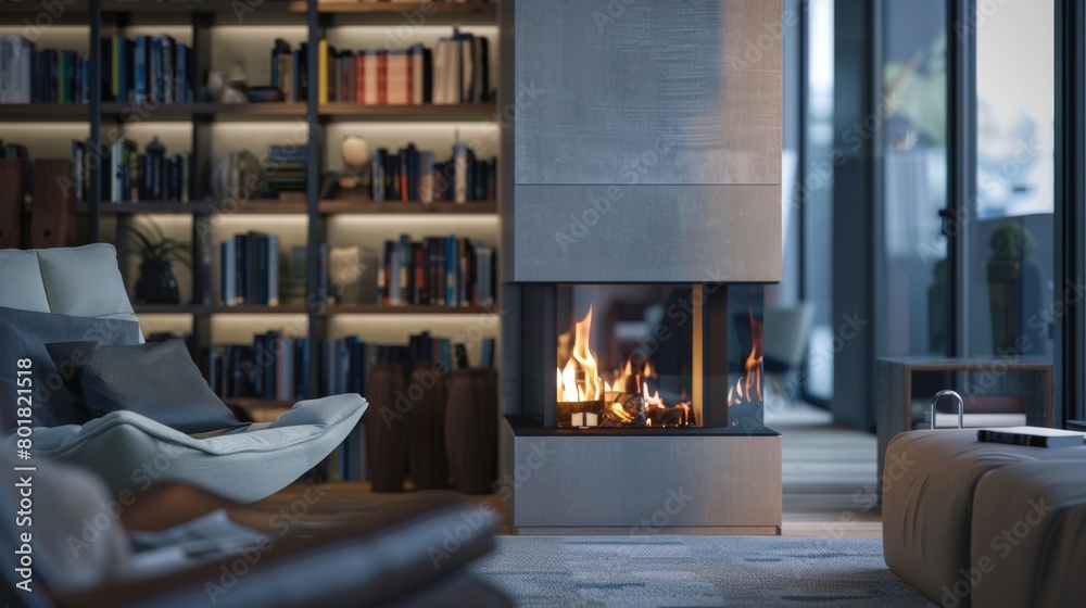 Naklejka premium The sleek fireplace is complemented by a builtin bookshelf creating a cozy reading nook in the corner of the sleek and stylish apartment. 2d flat cartoon.