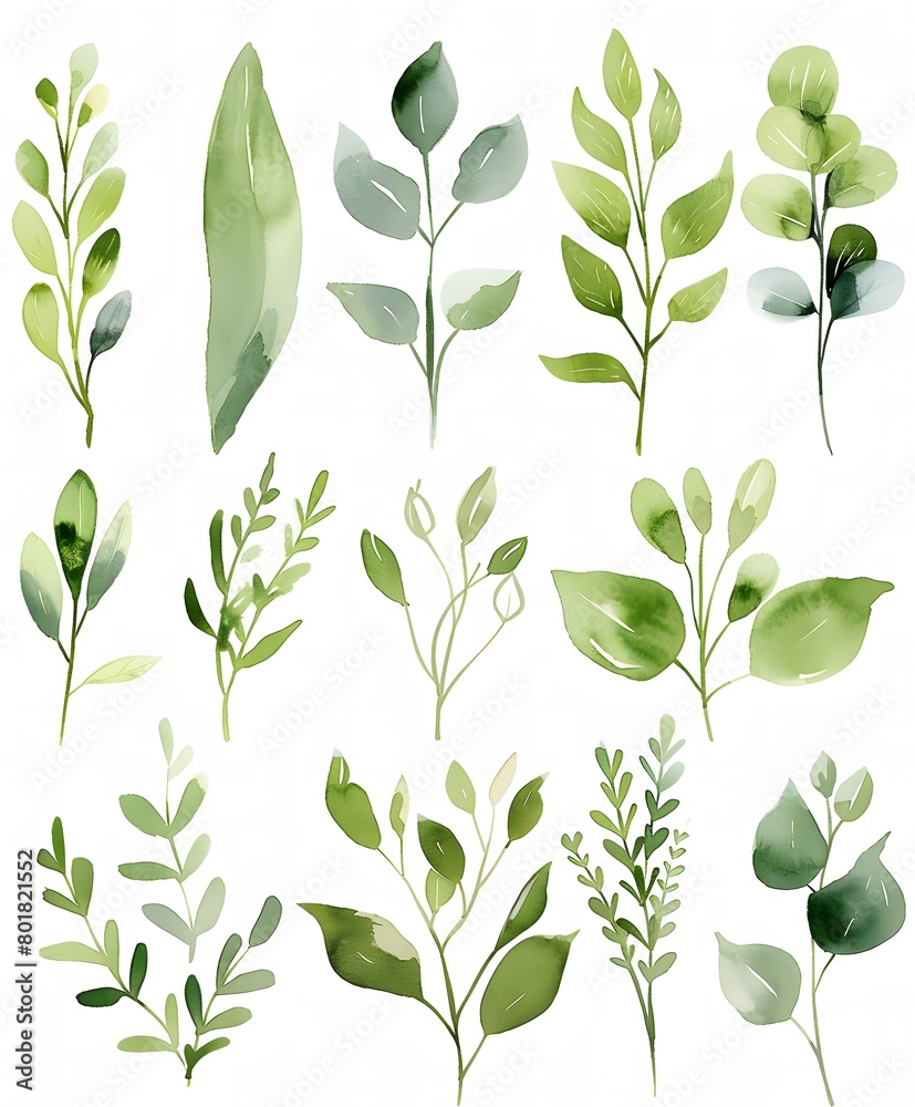 watercolor painting, green foliage and leaves clip art