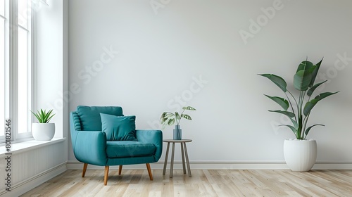 Modern living room with teal sofa and armchair, white walls, wooden floor. Minimalist interior design of modern home entrance wall mockup in light gray color