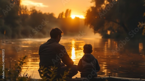 Silhouettes of a father and son fishing over a gigantic river while they recline by the riverbank at dusk back view lovely scene bonding and space, Generative AI. photo