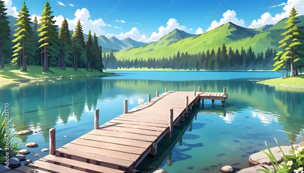 serene lake with a wooden jetty in the summertime, anime style illustration Generated by ai serene lake with a wooden jetty in the summertime, anime style illustration Generated by ai