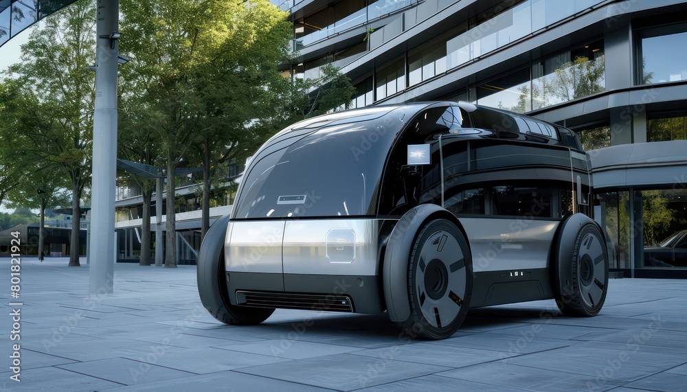 ev electric vehicle autonomous, futuristic van is silver and black, with large tires