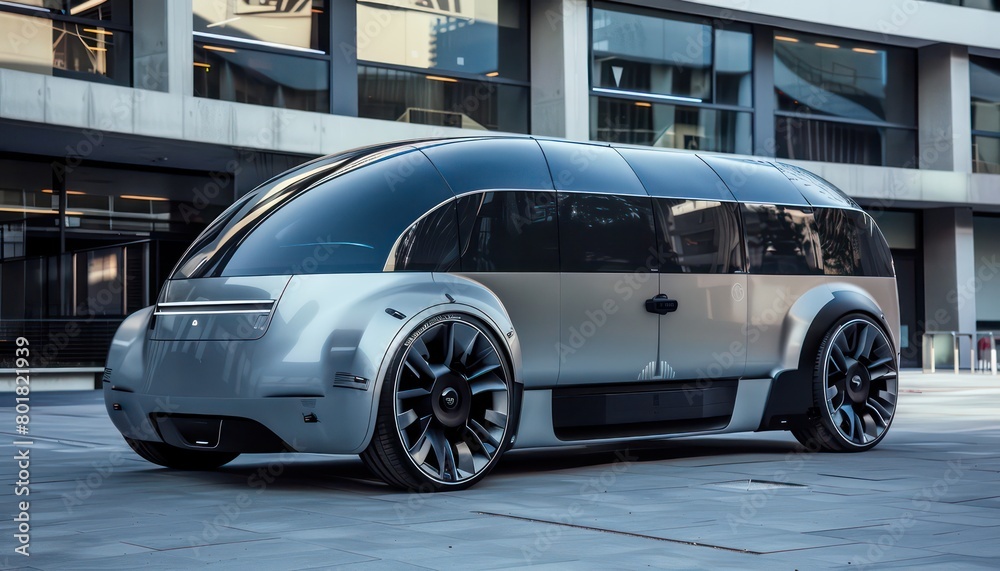 ev electric vehicle autonomous, futuristic van is silver and black, with large tires