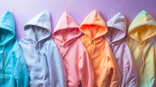 Several hoodies spread on colorful background