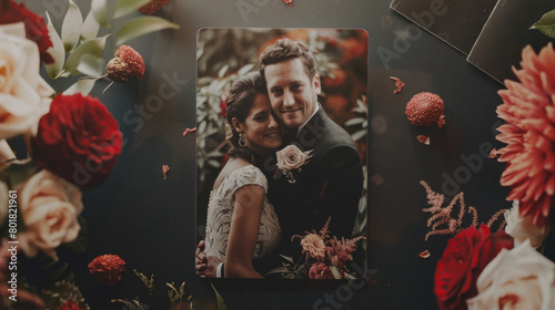 Wedding photography concept image with a picture of a couple wedding on table to remember the most beautiful day of their life photo