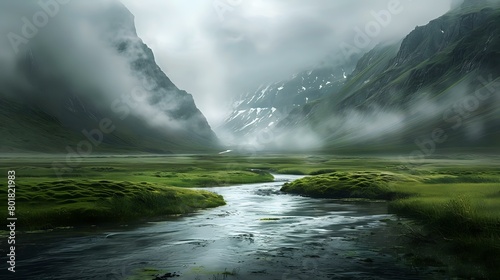 mountain range, with a river running through it. Grassy plains on both sides, with a foggy and cloudy sky