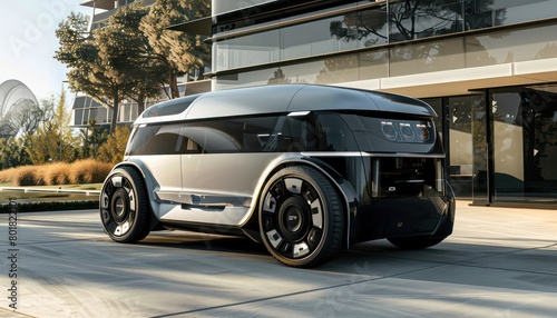 ev electric vehicle autonomous, futuristic van is silver and black, with large tires