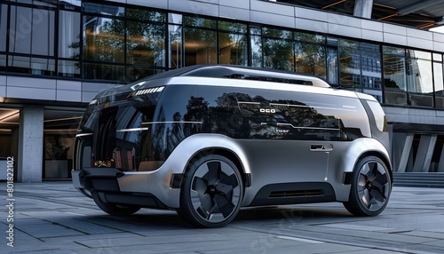 ev electric vehicle autonomous, futuristic van is silver and black, with large tires © STOCKYE STUDIO