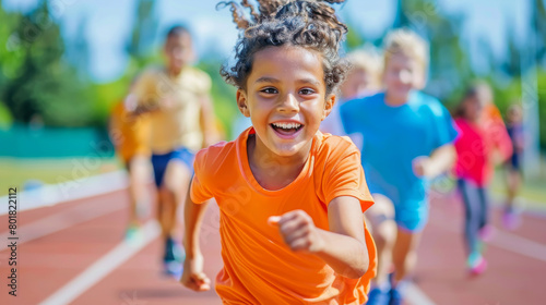 Portrait of a child filled with joy and youth energy running on track outside on beautiful day and other athletic children in background running as well doing exercise