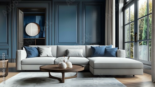 nterior design of a modern living room with a grey sofa, blue walls and a round coffee table in a luxury mansion with large windows photo