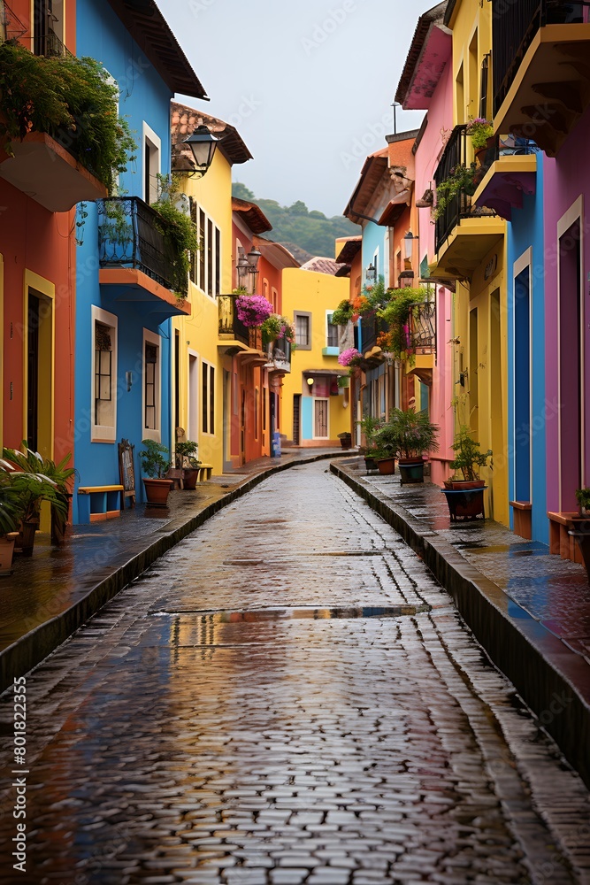 Fototapeta premium Pelourinho in Salvador's old town, colorful colonial buildings and cobblestone squares, long shot