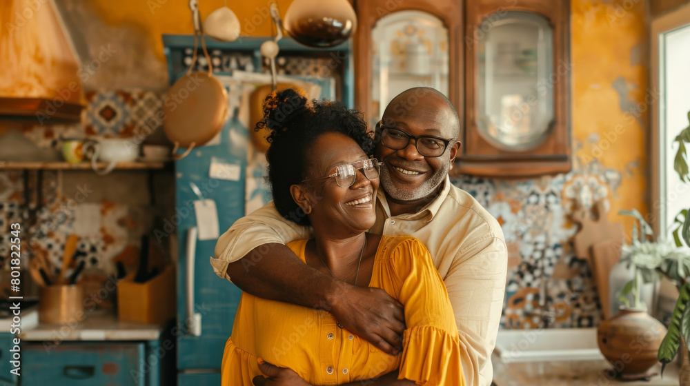 Portrait of a lovely mature black afro american couple at home in the kitchen