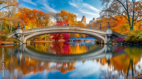 scene of the bow bridge in Central Park, New York during autumn with colorful trees and reflections on the water photo