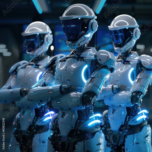 group of tech humanoid robots with crossed arms and stands against dark office background © STOCKYE STUDIO
