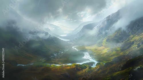 scene of the Scottish highlands  with misty mountains in soft focus and a winding river leading to an opening that reveals a lake