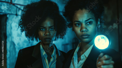 Portrait of two modern black afro american female detectives looking for clues on a dark crime scene photo