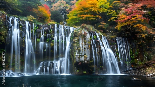 Waterfall in the fall  white veil waterfalls  Japanese landscape  colorful autumn forest background
