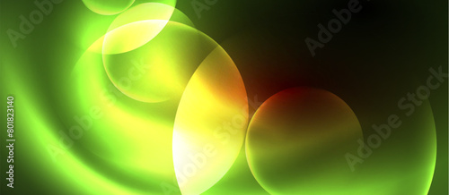 A vibrant green and yellow circle stands out on a dark black background, representing colorfulness and art in a fluid, liquid pattern. The graphic design evokes imagery of a terrestrial plant or gas