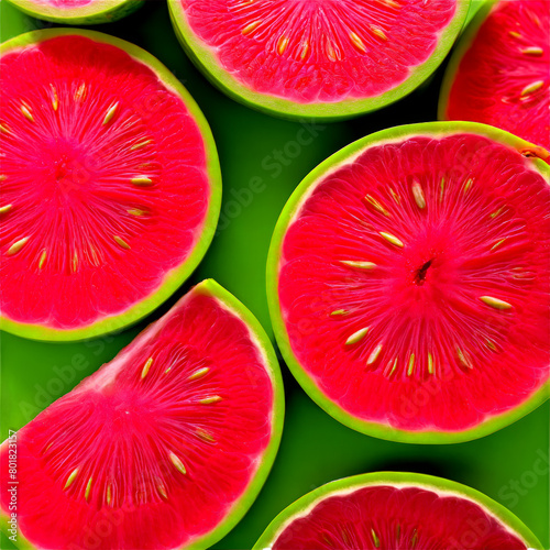 Guava round with a yellow green exterior sliced to show pink flesh with tiny edible