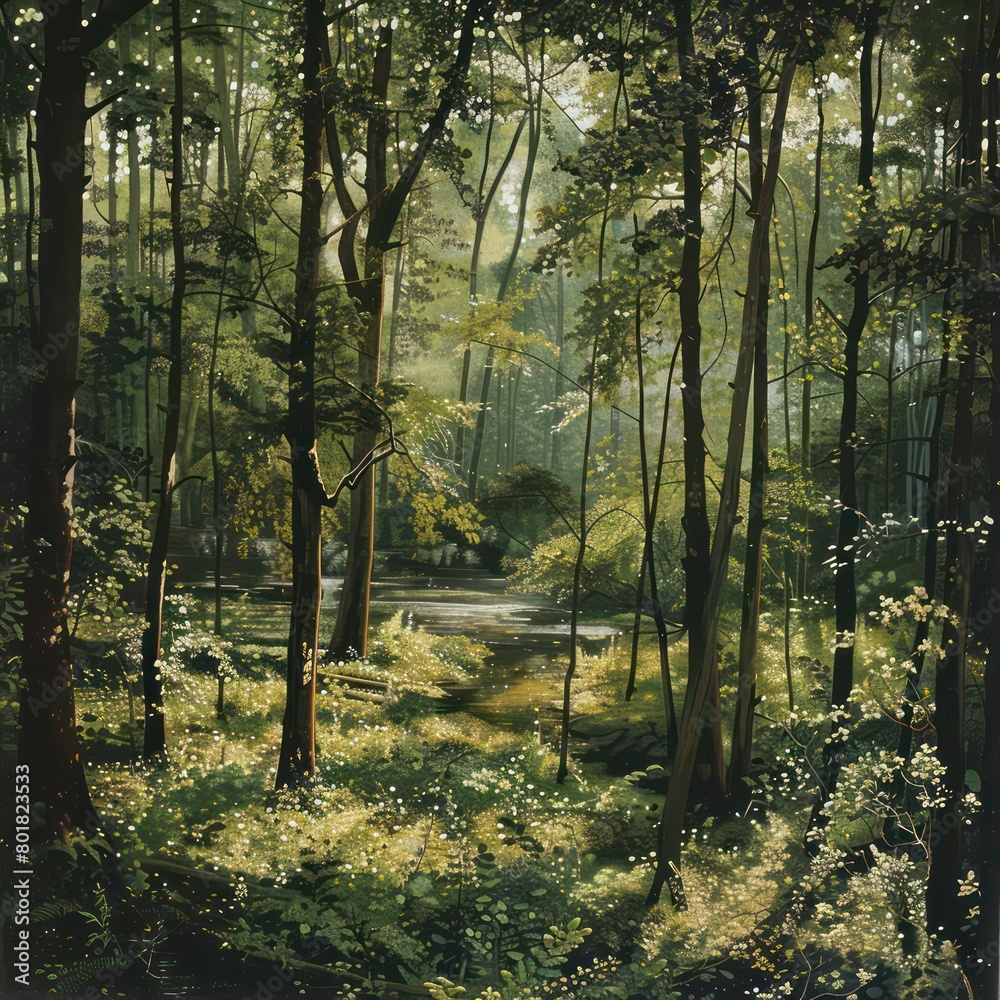 Obraz premium lush forest, trees, canopies densely covered with vibrant green leaves