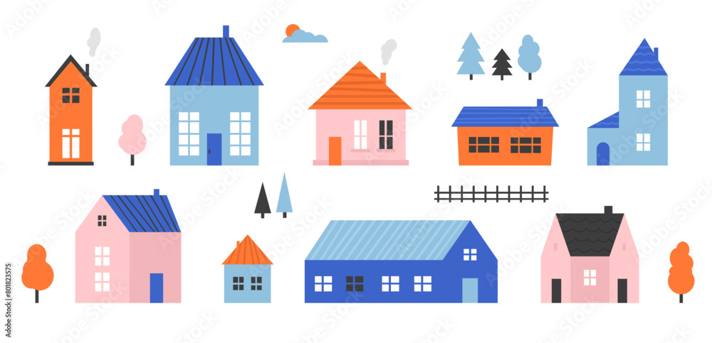 Small cute house set. Cartoon village town building collection. Doodle cosy tiny little cottages. Suburban town houses with chimney, roof, smoke, trees. Different residential building exterior. Vector