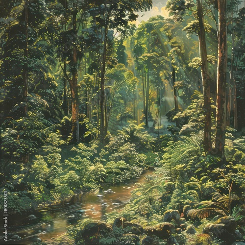 lush forest, trees, canopies densely covered with vibrant green leaves