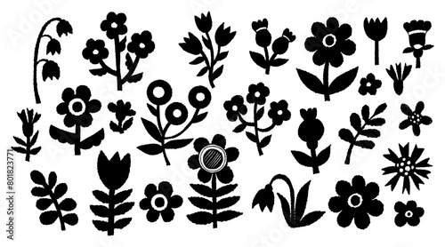 Texture flowers and branches hand drawings collection. Vector illustration. Isolated black chalk elements doodles for design and decoration