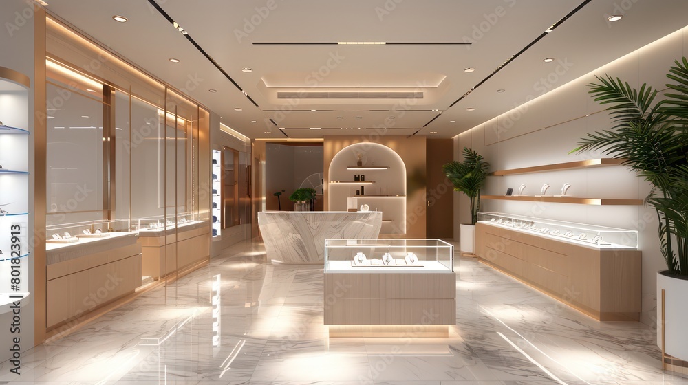 interior of modern jewelry store, luxury elegance design, sophistication architecture interior of modern jewelry store, luxury elegance design, sophistication architecture