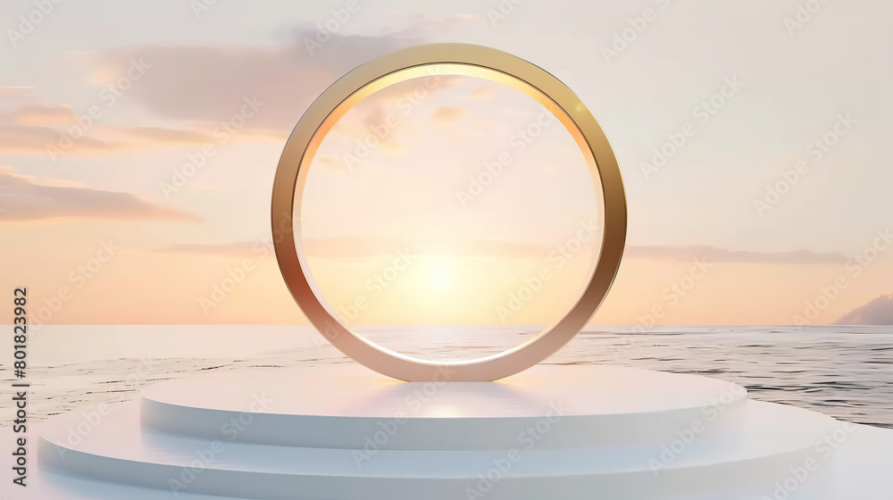 3D rendering of golden circular podium and white podium. Used for product display and cosmetic display 3D rendering of golden circular podium and white podium. Used for product display and cosmetic display