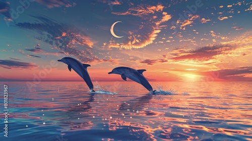 Two dolphins are jumping out of the sea at sunset with a crescent moon in the sky. The background is an ocean horizon with clouds and sun rays