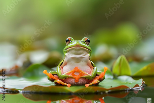 A whimsical illustration of a frog meditating in the lotus position on a lily pad. This charming depiction captures the frog s serene expression and tranquil posture  set against the peaceful backdrop