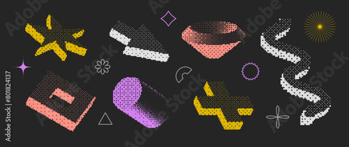 Bitmap textured shapes set. Dither halftone objects collection. Colorful cylinder, arrow, cross, star, wave, elements for banner, poster, leaflet. Pixelated 3d raster effect bundle. Vector pack