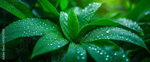 Background made of fresh green leaves with water drops. Green dynamic backdrop.