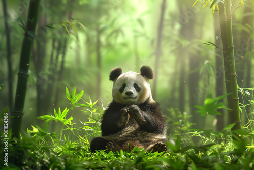 A serene illustration of a panda meditating cross-legged under a bamboo tree. This peaceful image portrays the panda in deep meditation, surrounded by the calming ambiance of a bamboo forest