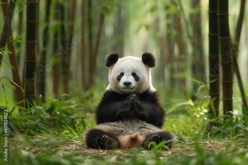 A serene illustration of a panda meditating cross-legged under a bamboo tree. This peaceful image portrays the panda in deep meditation  surrounded by the calming ambiance of a bamboo forest
