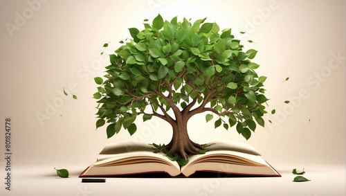  A open book with a tree growing out of it. 