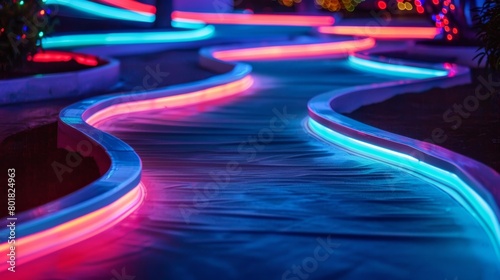 A mini golf course is set up with neon lights illuminating the course and adding to the fun atmosphere. photo