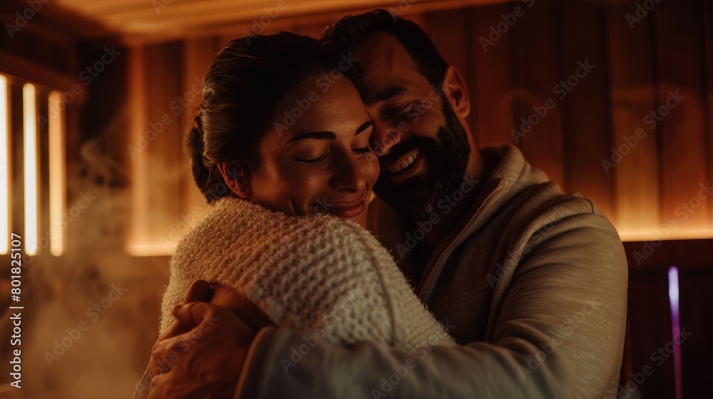 A couple embraces in a warm hug after a sauna session feeling refreshed and renewed in their bond.. A couple embraces in a warm hug after a sauna session feeling refreshed and renewed in their bond..