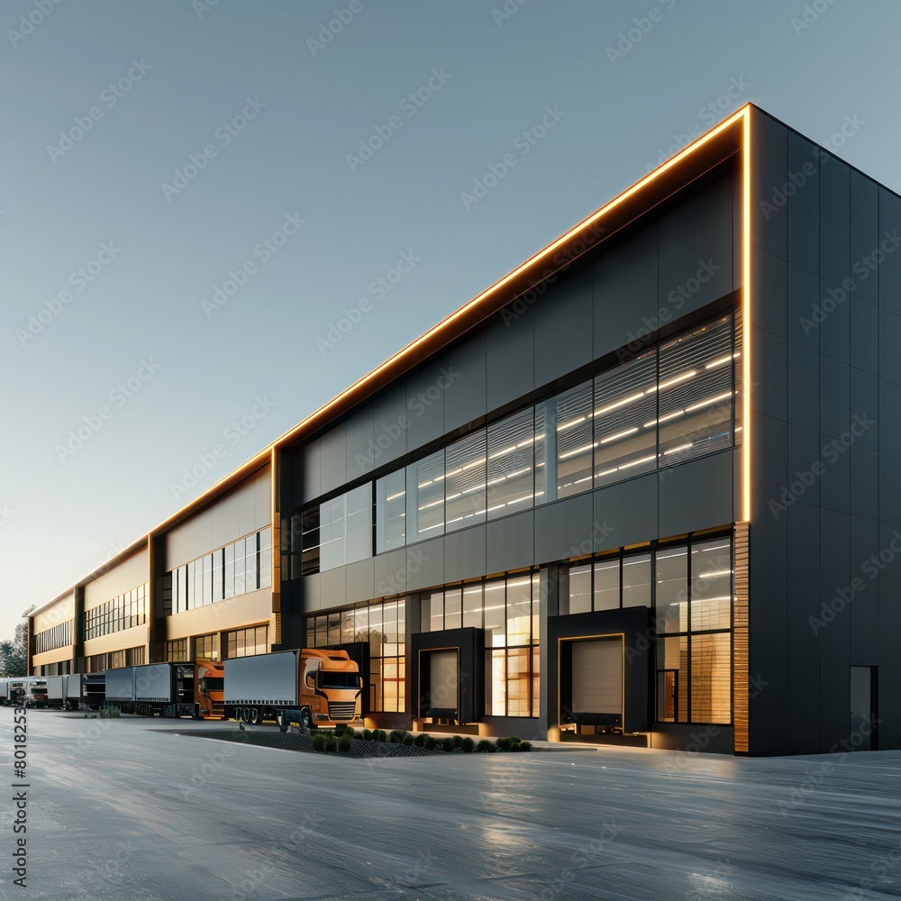 modern warehouse, trucks in front of electric docking bays, parking