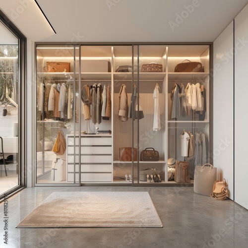 walk through closet, glass sliding doors, white closed closet © STOCKYE STUDIO