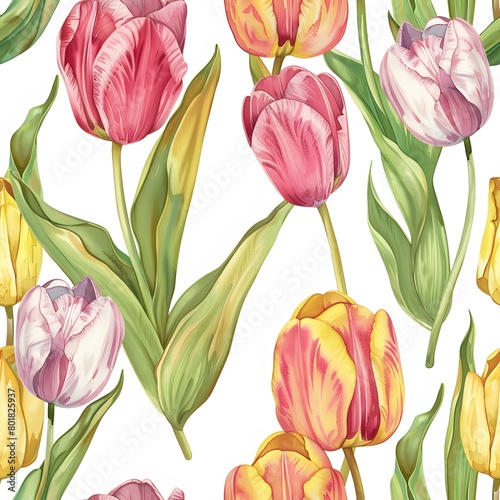 watercolor tulips pattern  pink and yellow tulip flowers with green leaves on white background  seamless pattern