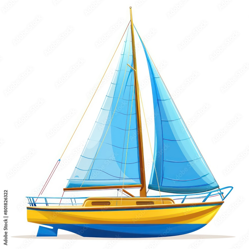 sailing boat with a blue sail and a yellow stern