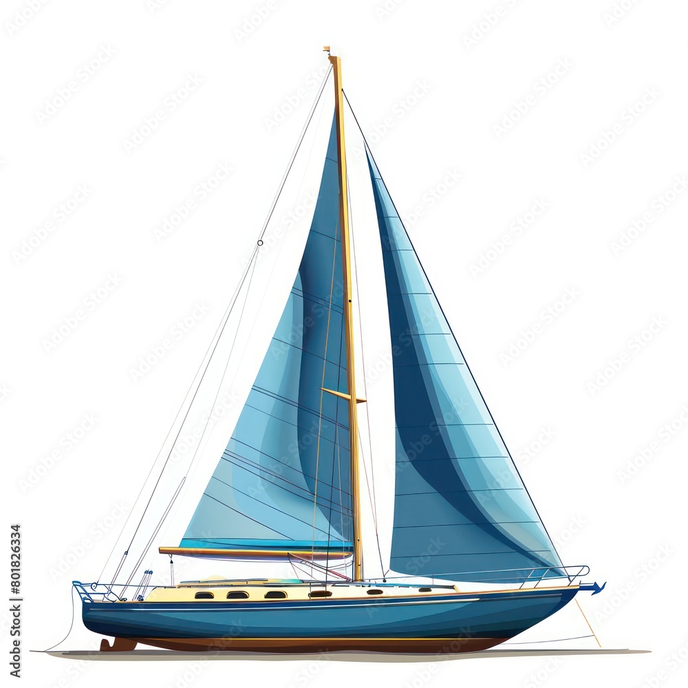 sailing boat with a blue sail and a yellow stern