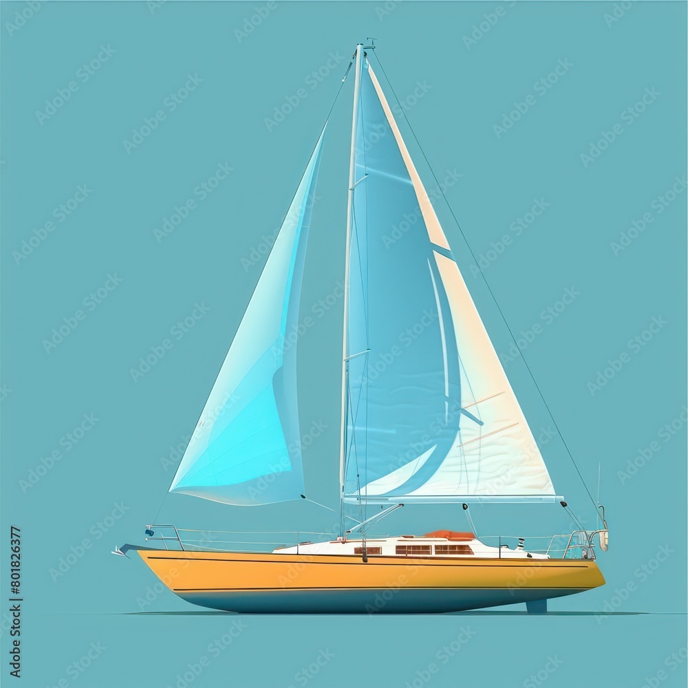 sailing boat with a blue sail and a yellow stern