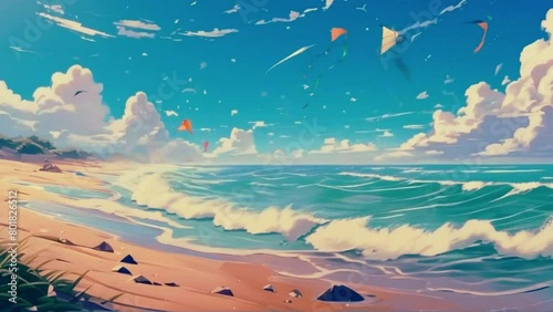 A windy day at the beach, with kites flying high in the sky and waves crashing against the shore, 2D anime style, Lofi animation