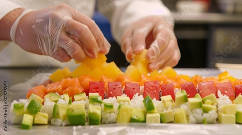 A student delicately arranging slices of colorful tropical fruit on top of their sushi roll creating a beautiful and delicious presentation.