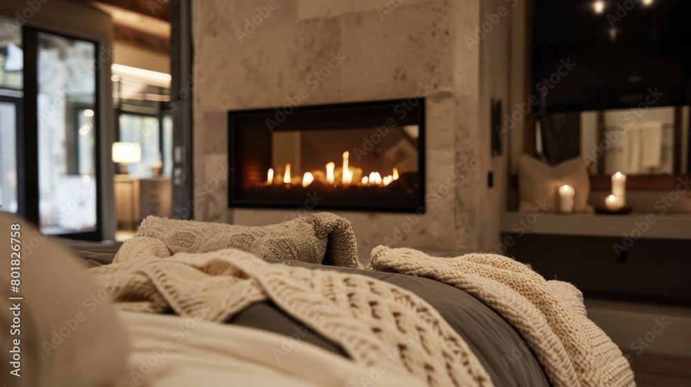 The striking doublesided fireplace in the master suite creates a romantic and cozy atmosphere perfect for chilly nights. 2d flat cartoon. The striking doublesided fireplace in the master suite creates a romantic and cozy atmosphere perfect for chilly nights. 2d flat cartoon.