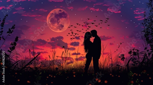 a tender silhouette captures the embrace of a loving couple, their contours melding into a timeless symbol of affection and devotion photo